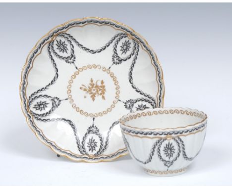 A Worcester reeded tea bowl and saucer, possibly painted in the James Giles atelier in Neo-Classical manner in black and gilt
