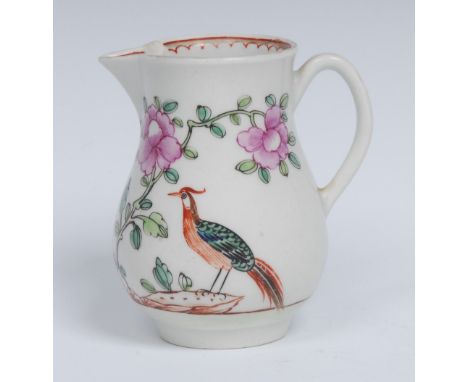 A Worcester Sparrow beak jug, decorated in monochrome brown and colours with a prunus tree, flower and a strutting bird looki
