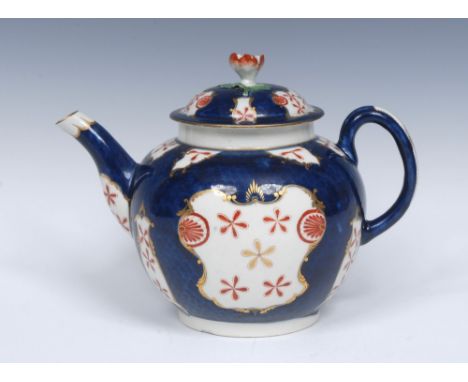 A Worcester Old Japan/Star pattern globular teapot and cover, decorated in the Imari palette with fan and vase shaped  gilt c