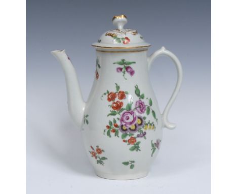 A Worcester pear shaped coffee pot and cover, painted with sprays of colourful flowers and scattered sprigs,  scroll handle w