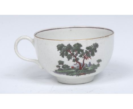 A Worcester The Three Fishers teacup, printed after an engraved by Robert Hancock, with river scene with a small stone bridge