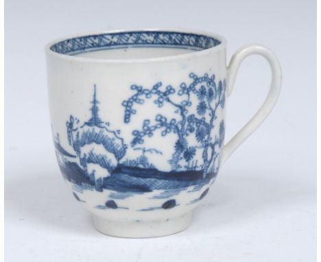 A Worcester Cannonball pattern coffee cup,  strap grooved handle, painted in underglaze blue with islands with trees, house a
