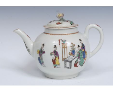 A Worcester Chinese Family pattern globular teapot and cover, painted in `Mandarin' style with a lady seated at a table anoth