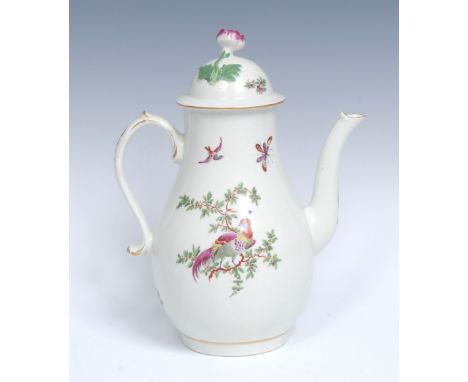 A Worcester pear shaped coffee pot and cover, decorated by James Giles, with colourful fancy birds, in a garden setting, bird