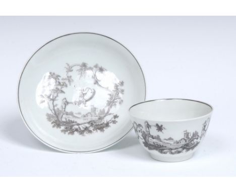 A Worcester Les Garcons Chinois tea bowl and saucer, printed in the style of Pillement, with two Chinese boys, one standing, 