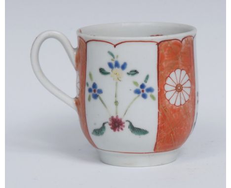 A Worcester Scarlet Japan pattern coffee cup, painted with alternating flowers, orange panel with fancy criss-cross gilding, 