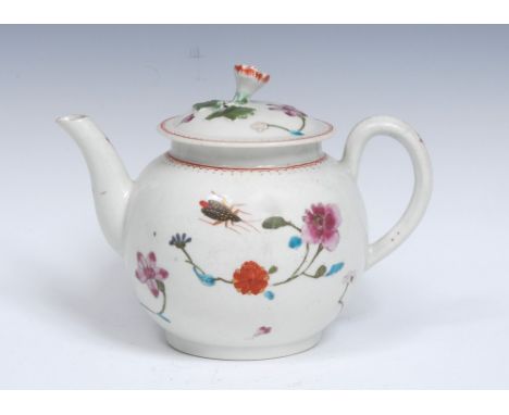A Worcester Astley/Harvest Bug pattern globular teapot and cover, decorated with large black, red and gold insect with famill