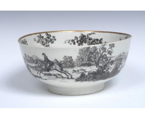 A Worcester The Foxhunt pattern punch bowl, after a painting by James Seymour, engraved by Robert Hancock with a continuous p