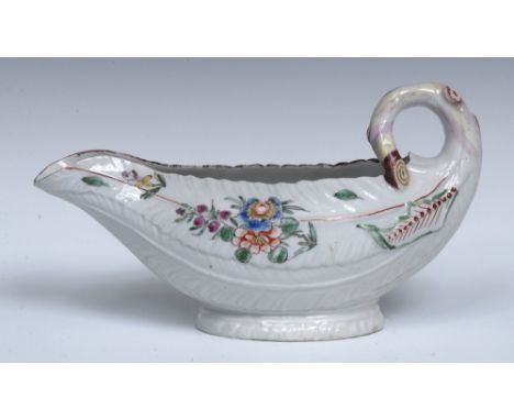 A Worcester Cos lettuce sauce boat, moulded in relief, delicately painted with coloured flowers and sprigs, brown line rim, c