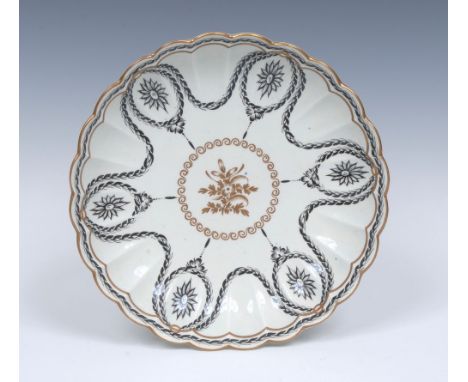 A Worcester reeded large saucer dish, possibly painted in the James Giles atelier in Neo-Classical manner in black and gilt  