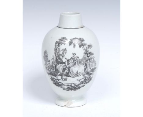 A Worcester The Garland Makers pattern ovoid tea canister, printed in monochrome after an engraving by Robert Hancock, with t