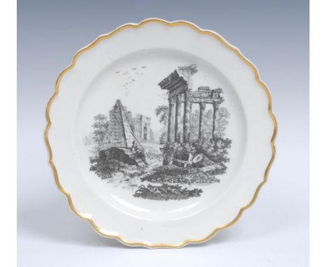 A Worcester 'The Temple Ruins' pattern shaped circular plate, printed after an engraving by  Robert Hancock, with figure seat