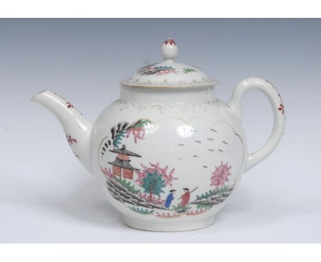 A Worcester Stag Hunt pattern globular teapot and cover,  painted with  two men in a landscape, birds in flight, the verso wi
