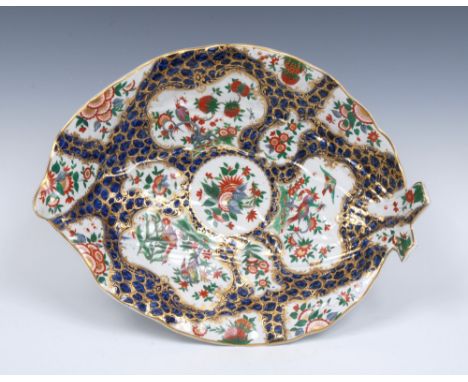 A Worcester Rich Kakiemon leaf dish, moulded with two overlapping leaves, probably decorated at the James Giles studio, with 