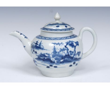 A Worcester Cannonball pattern small teapot, painted in underglaze blue with islands with trees, house and  pagoda and cannon