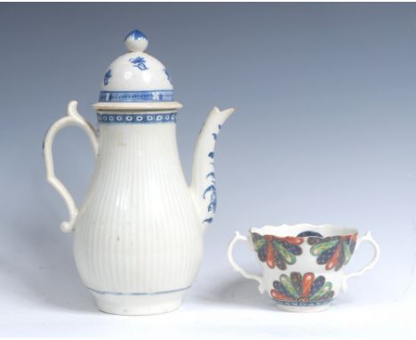 A Worcester flued pear shaped coffee pot, cobalt blue cell border, domed cover, bud finial, shaped handle, 22cm high, c.1770;