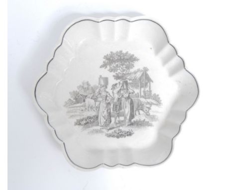 A Worcester Milkmaid pattern shaped hexagonal teapot stand, printed in black after Robert Sayer, engraved by Robert Hancock, 