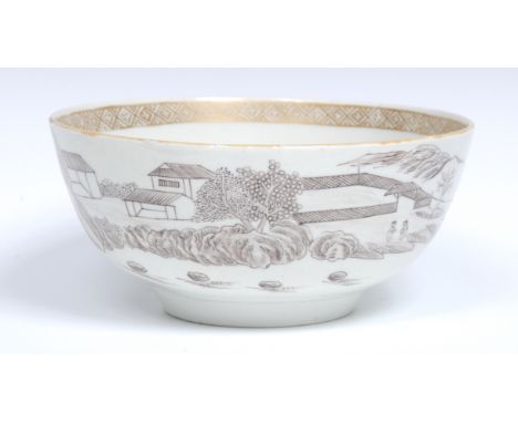 A rare Worcester bowl, pencilled in sepia with a Chinese landscape and figures by a fenced enclosure, two sampans on the reve