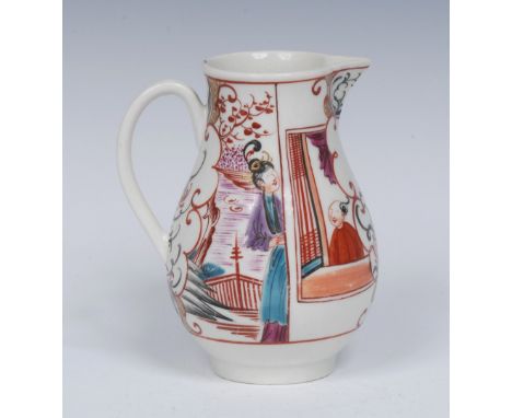 A Worcester sparrow beak jug, groove handle, painted in Mandarin style with two panels of Chinese figures, with a boy in a wi