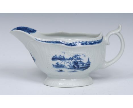 A small Worcester Fisherman and Billboard Island pattern strap fluted  sauce boat, painted in blue with two Chinese scenes in