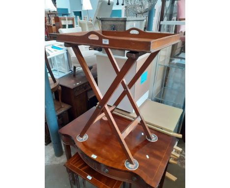 A vintage oak butlers tray and stand, bearing label from original purchase 19/9/1850, length 63.5cm, width 44.5cm and height 