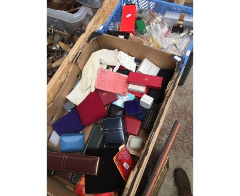 Two boxes of empty jewellery boxes, vintage ladies leather gloves and perfume bottles. 