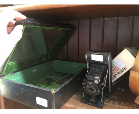 A lacquered hand painted jewellery box, a vintage Coronet folding camera and a Remington shaver. 