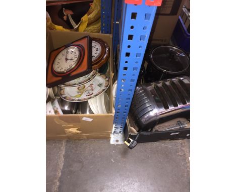 Three boxes of misc kitchen items to include 4 slice toaster, slow cooker and vintage kitchen scales - no weights, stainless 