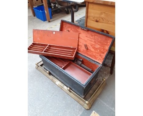 A pine joiners toolbox with fitted interior and tools, length 73cm, width 35.5cm and height 36cm 