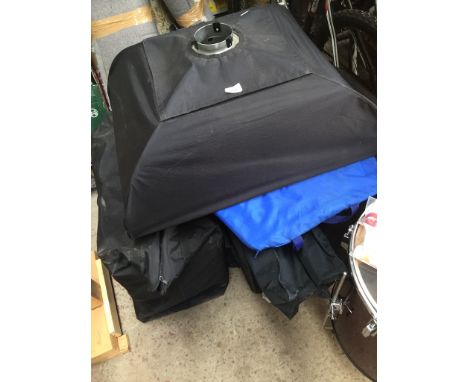 Photographic equipment comprising a Wafer light box and Wafer stand, large reflector, Lastolight back drop stand, Bowens ligh