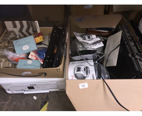 2 boxes of misc to include a Roberts radio, 2 Roberts stereo CD radios, a portable Panasonic stereo cassette recorder / playe