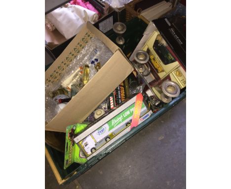 A mixed box to include toy cars, some boxed, crested china, epns candlestick, brass tray and a box of small collectables 