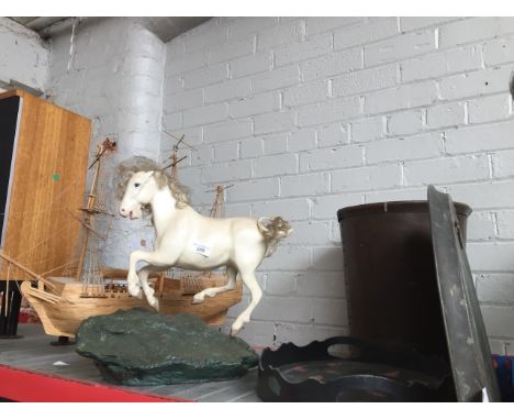 Vintage waste paper basket, brass charger, tray, horse figure and wooden model galleon 