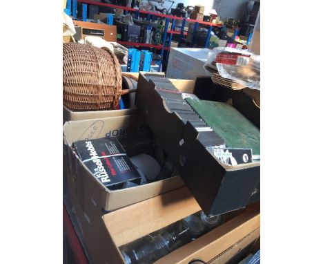 4 boxes of various items to include 2 wicker baskets, a composite barrel, small trolley / sack truck, Jaguar car manual, CDs,