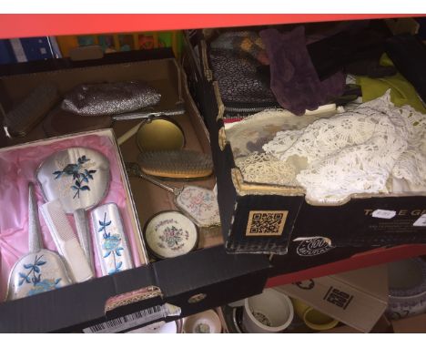 A box of vintage gloves, hats purses &amp; linen and a box of dressing table items 