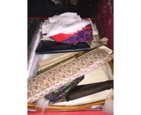 A box containing 5 vintage fans, hankerchiefs, etc 