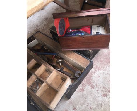 Three wooden toolboxes including joiners, with tools 