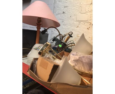 Table lamp and 2 ceiling light fittings with glass shades. 