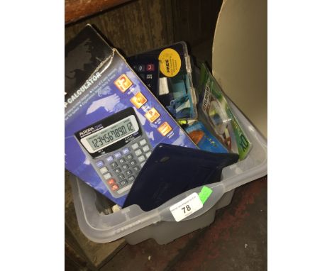 A box of misc office items to include calculators, digital voice recorder, staples, etc. 