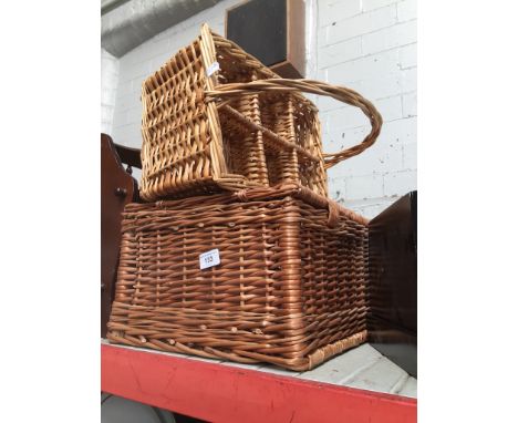 A picnic hamper, wicker wine carrier, and 2 section magazine rack 