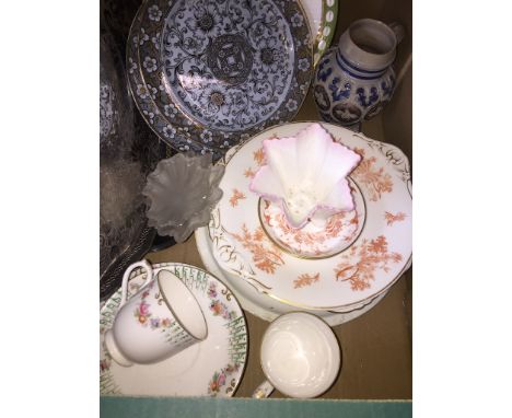 A box of mixed ceramics including Royal Worcester handkerchief dish, various plates, jug, and an epns tray 