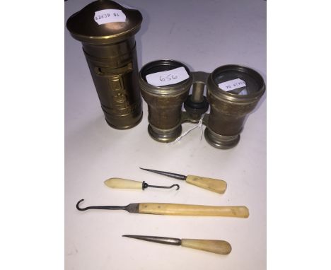 Le Jockey club leather bound binoculars, small bone handled button hooks and crochet implements and a brass post money box. 