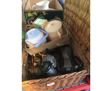 A hamper containing kitchen cutlery etc and some plastic kitchen containers etc 