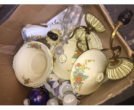 A mixed box to include oriental coffee set, brass light fittings, decanter, Grindley table ware etc 