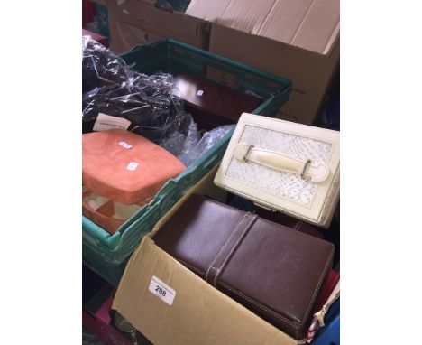 2 boxes containing a quantity of mainly empty jewellery boxes, the black ones with vintage clip on earrings
