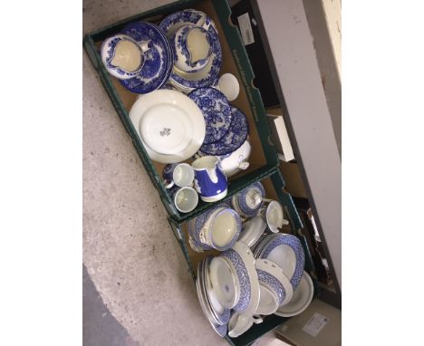 Two boxes of blue and white pottery including Ashworth Bros Georgian Border 