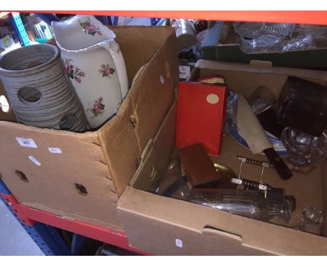 2 boxes of collectables to include decanters, cutlery, plated cruet set in box, binoculars, West German style vase, large pit