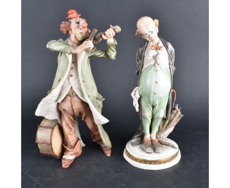 Two (2) Vintage Italian Porcelain Clown Figurines. Includes a Giuseppe Armani and a Capodimonte by G. Cappe. Each marked and 