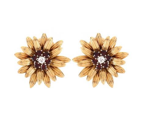 Vintage Van Cleef &amp; Arpels Ruby, Diamond and 18 Karat Yellow Gold Flower Earrings. Stamped Van Cleef &amp; Arpels, Made i