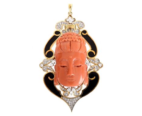 Vintage Carved Red Coral Buddha Head, Diamond, Black Onyx and 14 Karat Yellow Gold Pendant. Stamped 585, 14K. Measures 3-1/8"